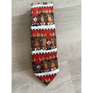 Mens Christmas Necktie~Santa Reindeer Football~Red Green Taupe~John Ashford